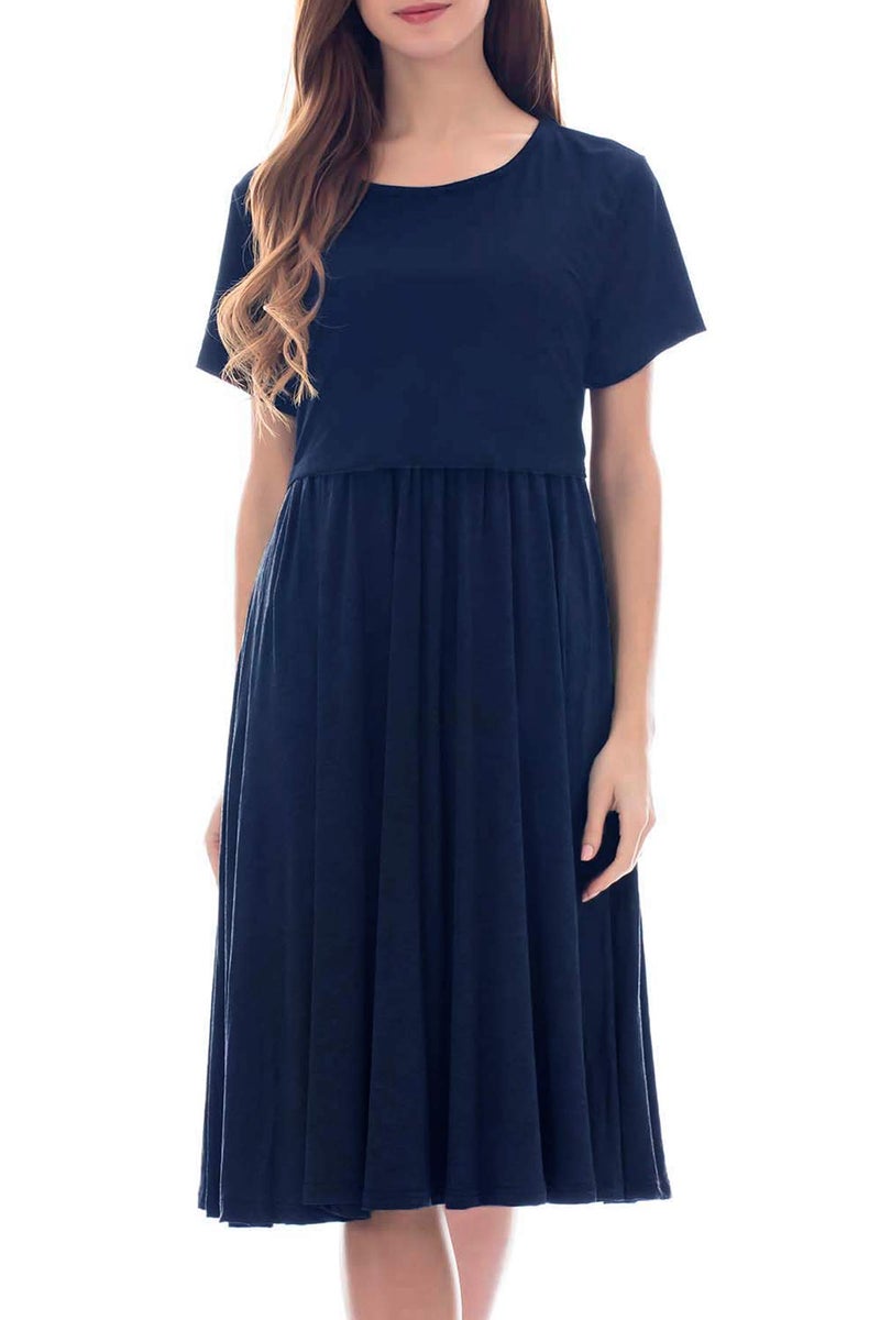 Smallshow Women's Short Sleeve Patchwork Nursing Dresses for Breastfeeding Medium Navy - Image 4